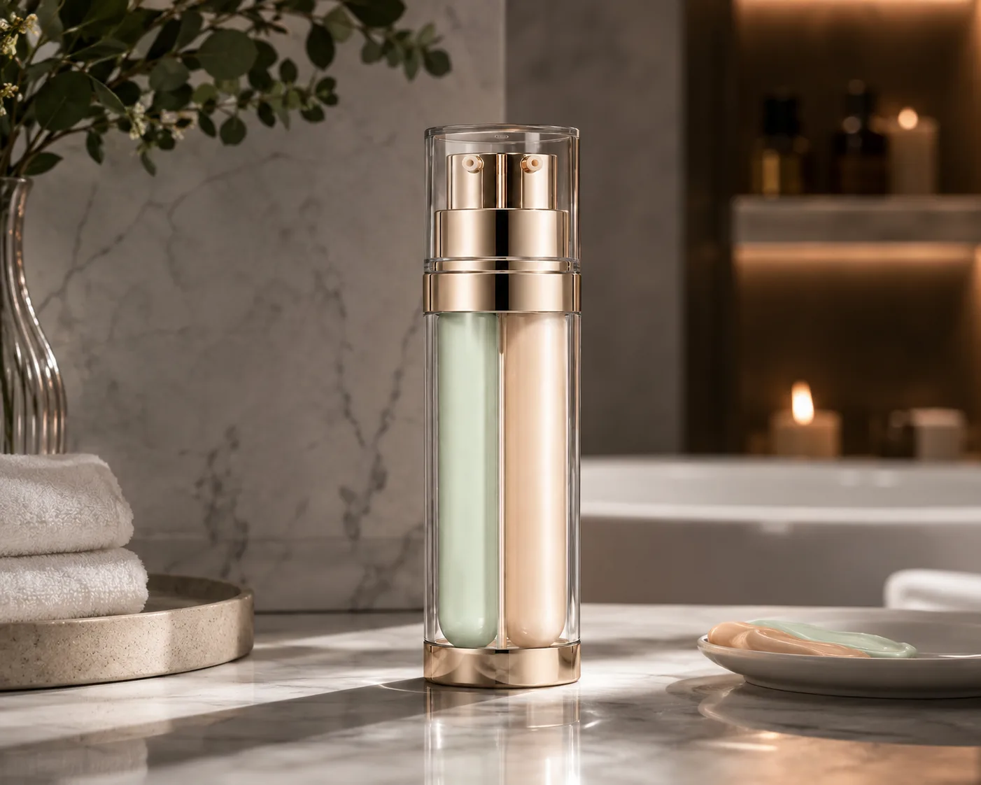 Glass Cosmetic Bottle in a cosmetic packaging display for dual-formula cosmetic and skincare packaging.