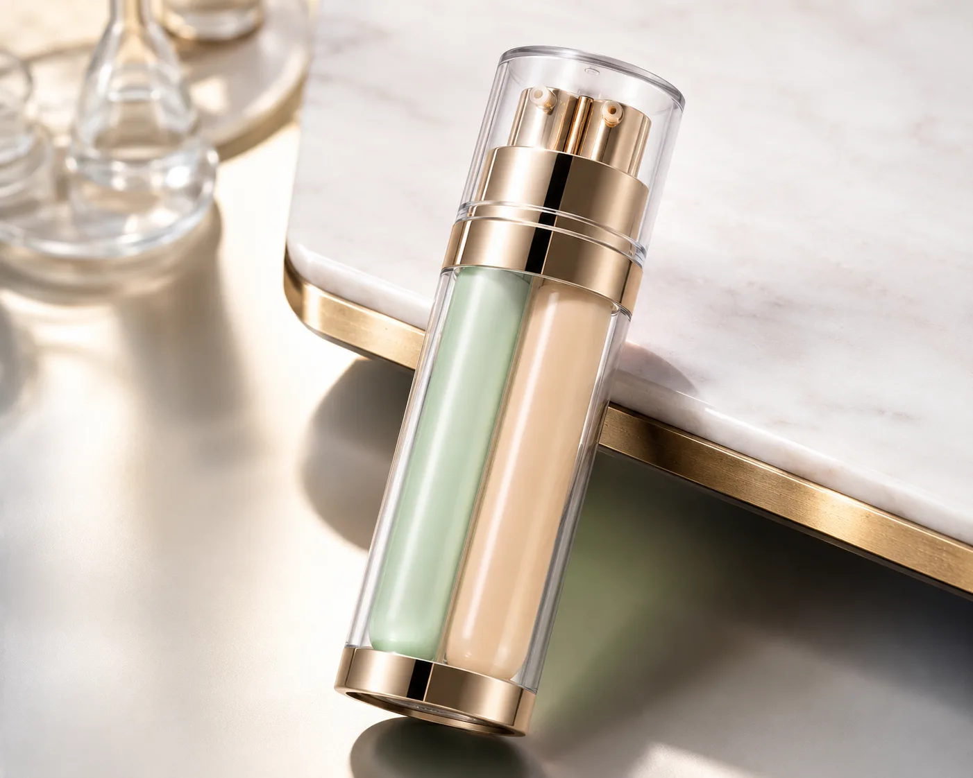 Glass Cosmetic Bottle in a coordinated skincare packaging presentation.