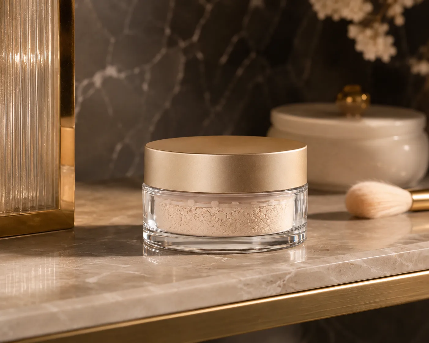 Glass Cosmetic Powder Jar in a cosmetic packaging display for loose powders and dry cosmetic products.