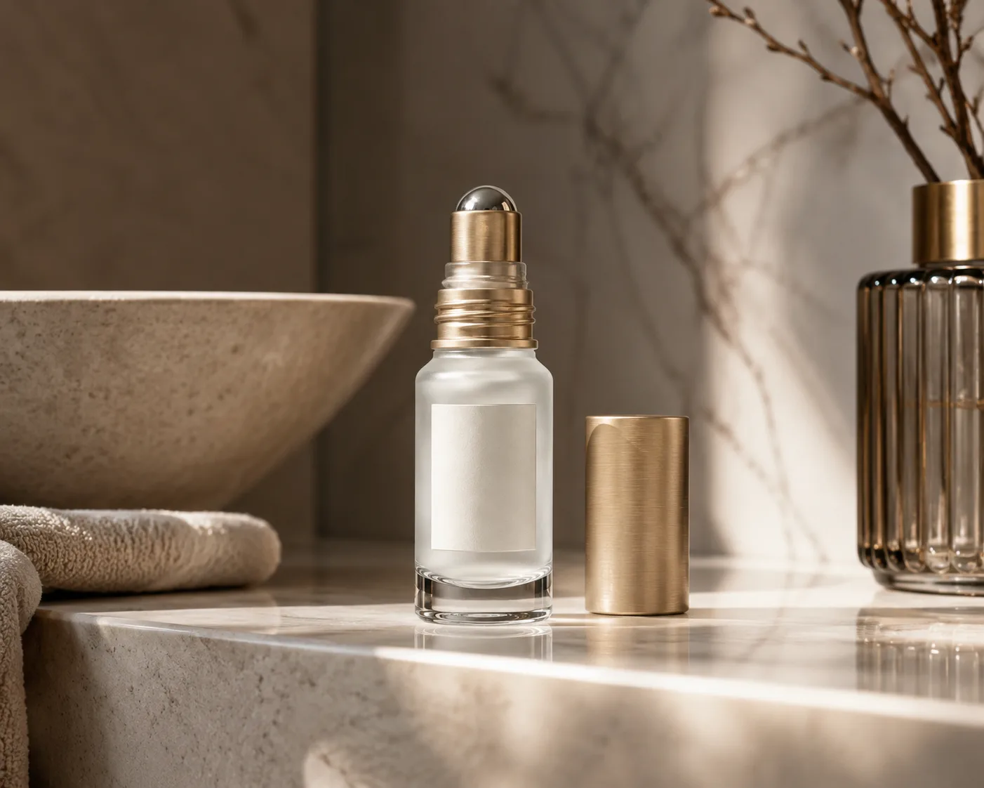 Glass Cosmetic Roll-On Bottle in a cosmetic packaging display for roll-on skincare and personal-care formulas.