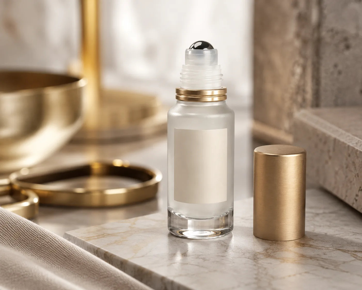 Glass Cosmetic Roll-On Bottle in a coordinated skincare packaging presentation.