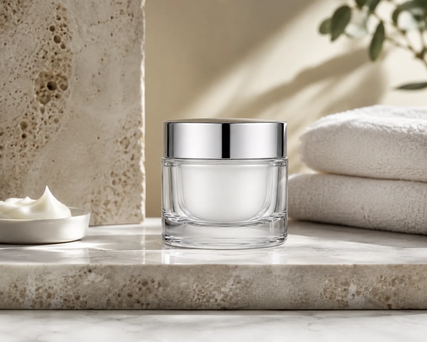 Glass Cream Jar in a cosmetic packaging display for prestige creams and balms.