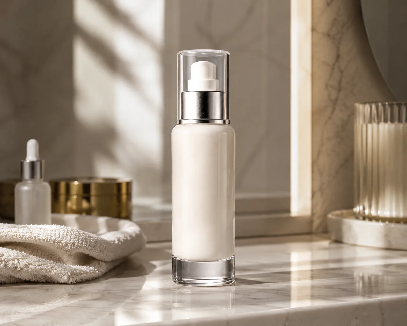 Glass Essence Bottle in a cosmetic packaging display for serums and skincare essences.