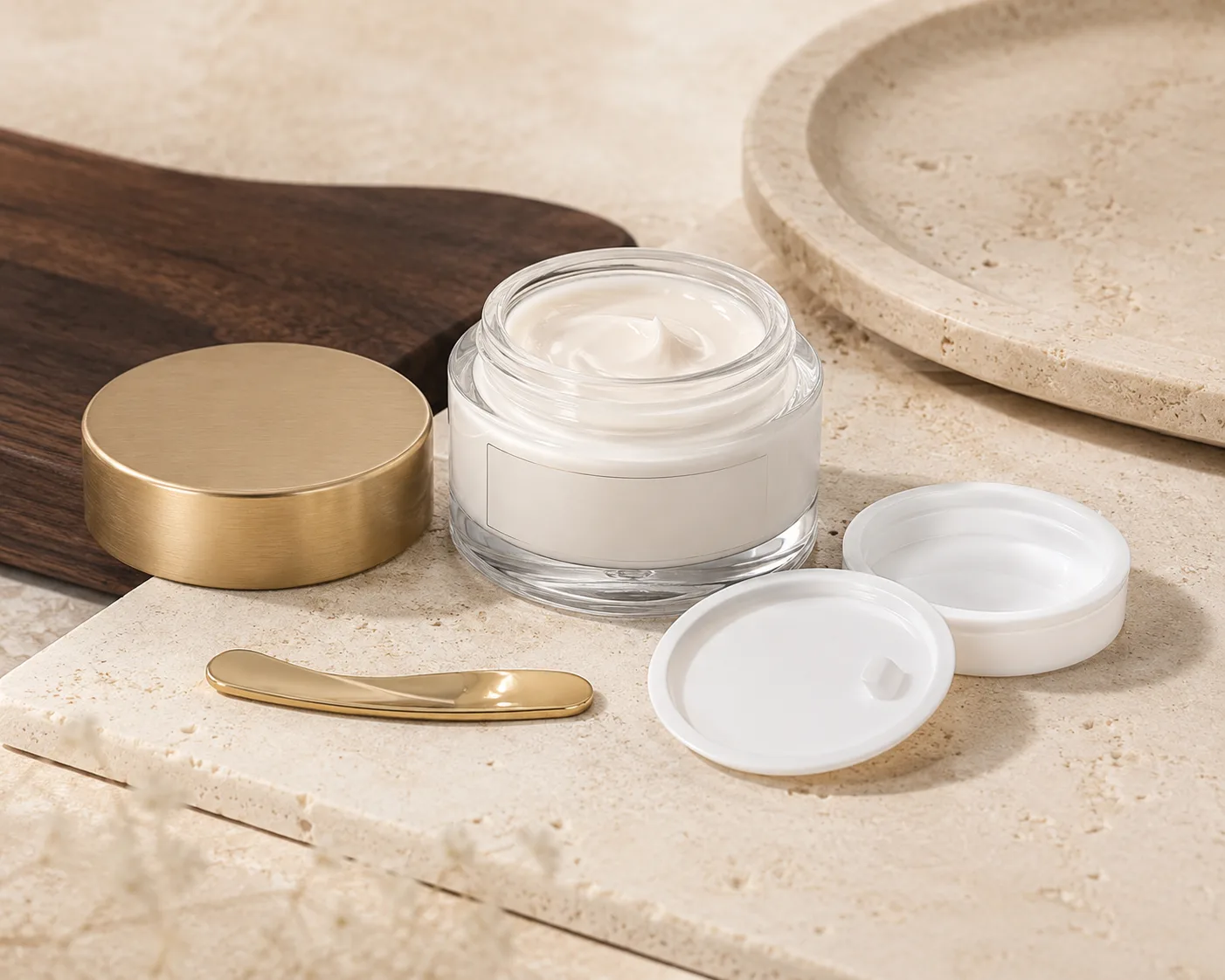 Frasco de Vidrio para Crema de Ojos mostrado desde un ángulo secundario con el perfil del contenedor visible.