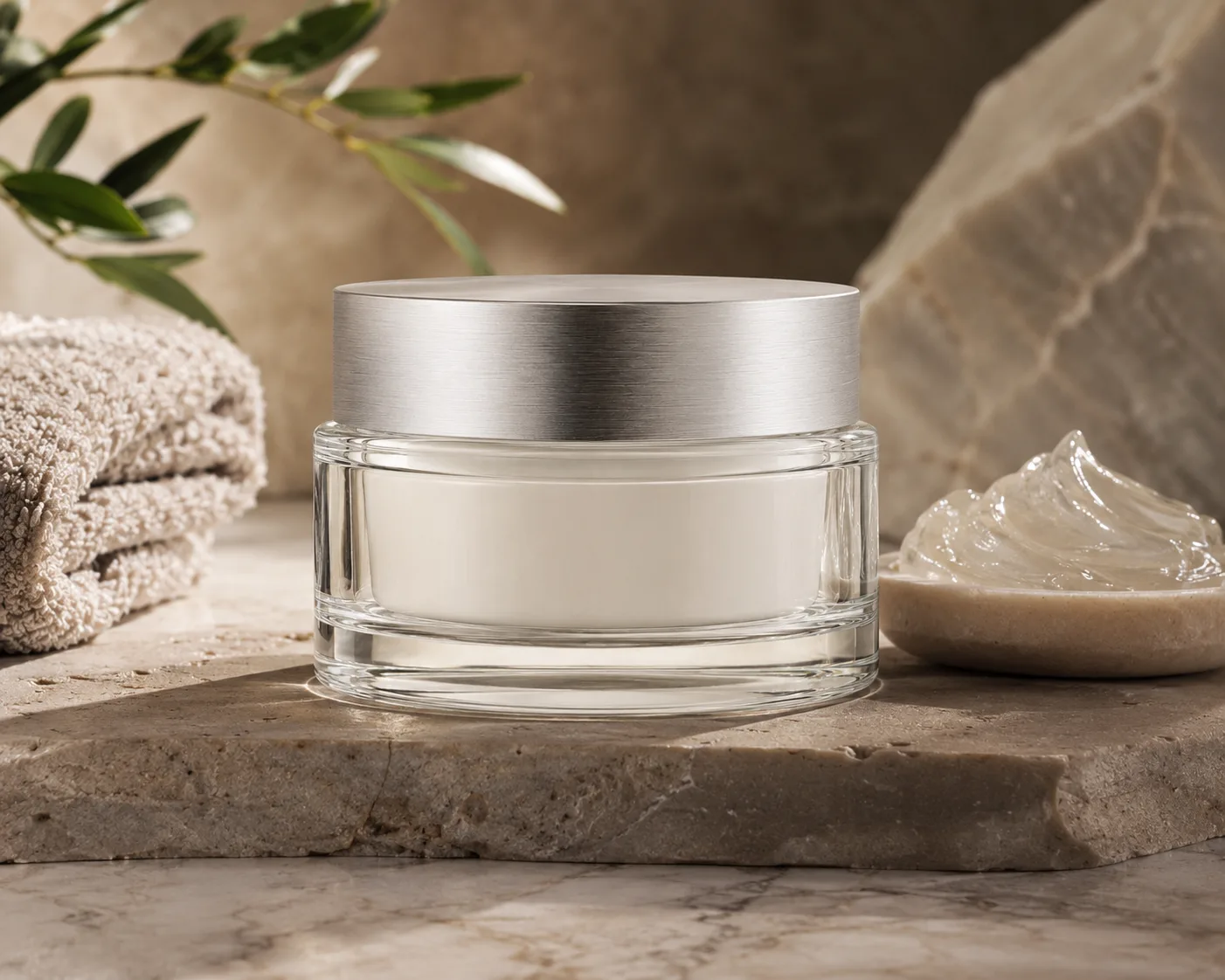 Glass Face Mask Jar in a cosmetic packaging display for facial masks and treatment creams.
