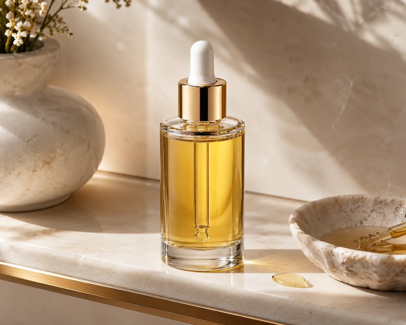 Glass Facial Oil Bottle in a cosmetic packaging display for facial oils and serums.