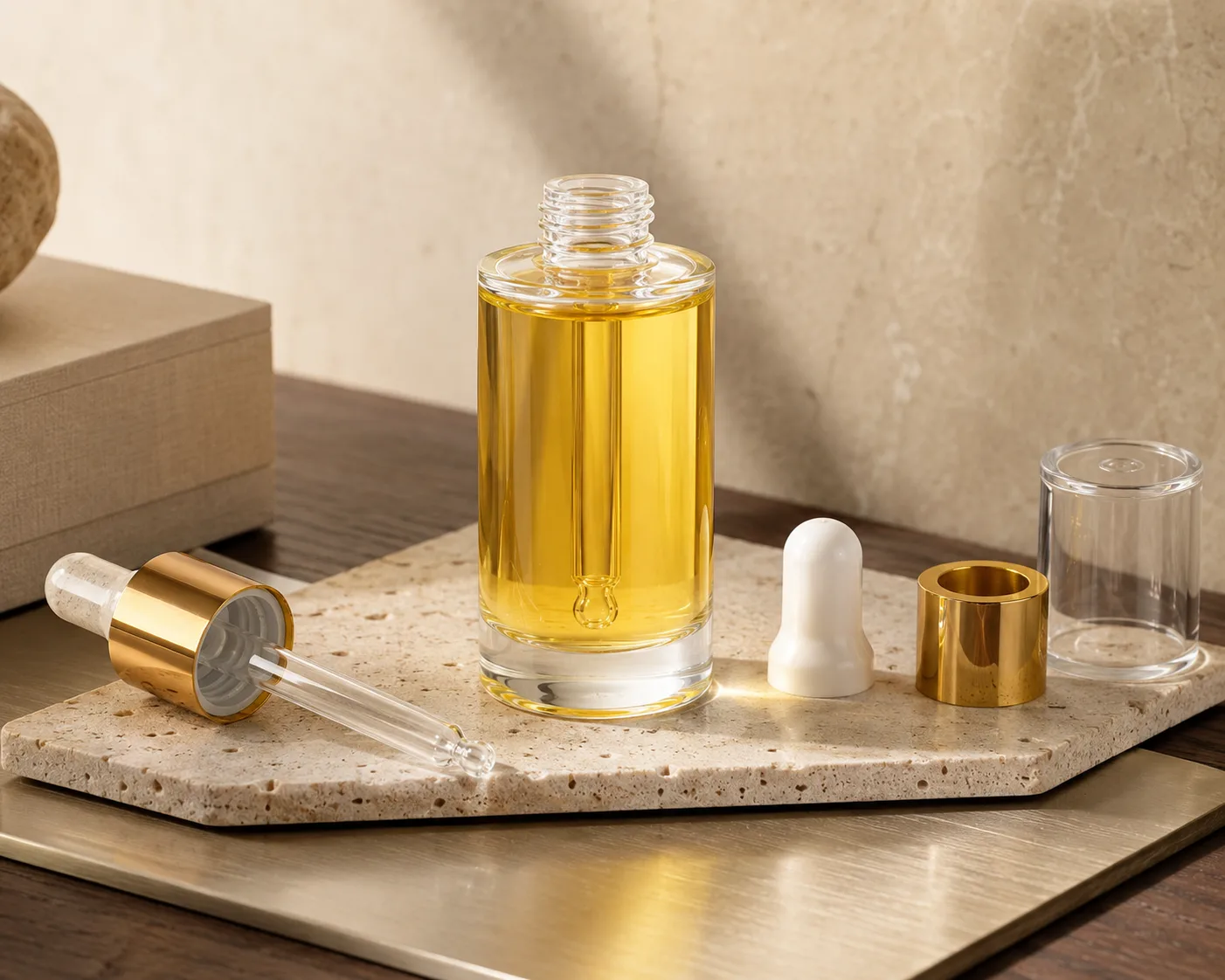 Glass Facial Oil Bottle shown from a secondary angle with the container profile visible.