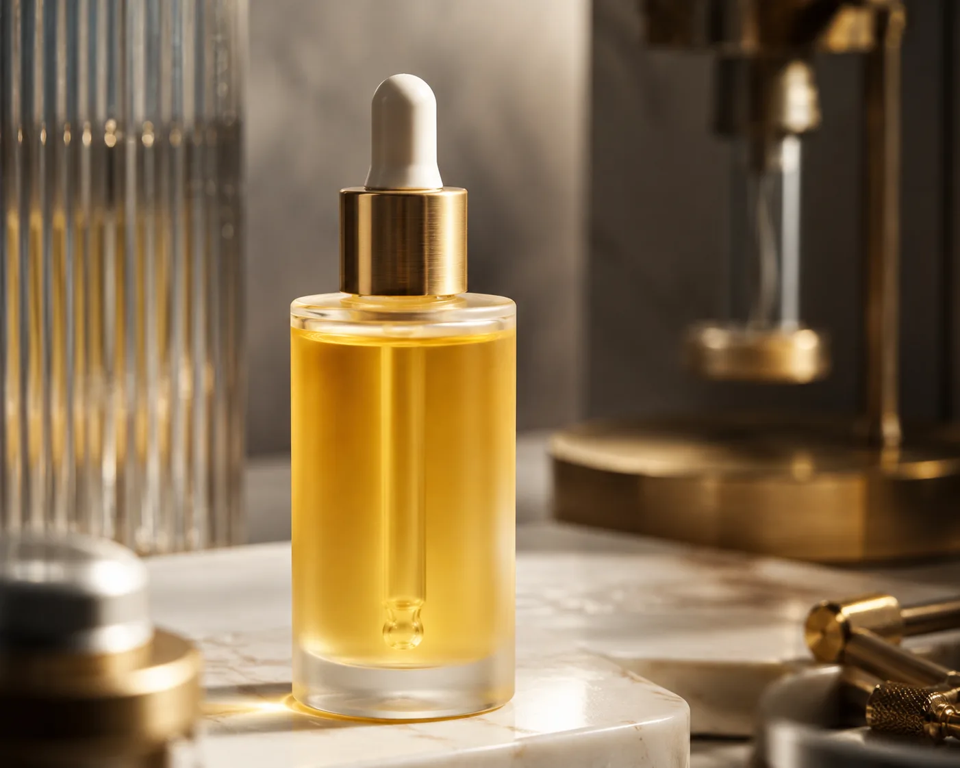 Glass Facial Oil Bottle in a coordinated skincare packaging presentation.
