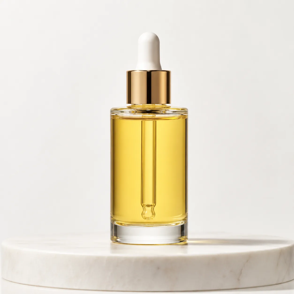Glass Facial Oil Bottle front view with visible facial oil Closure bottle form