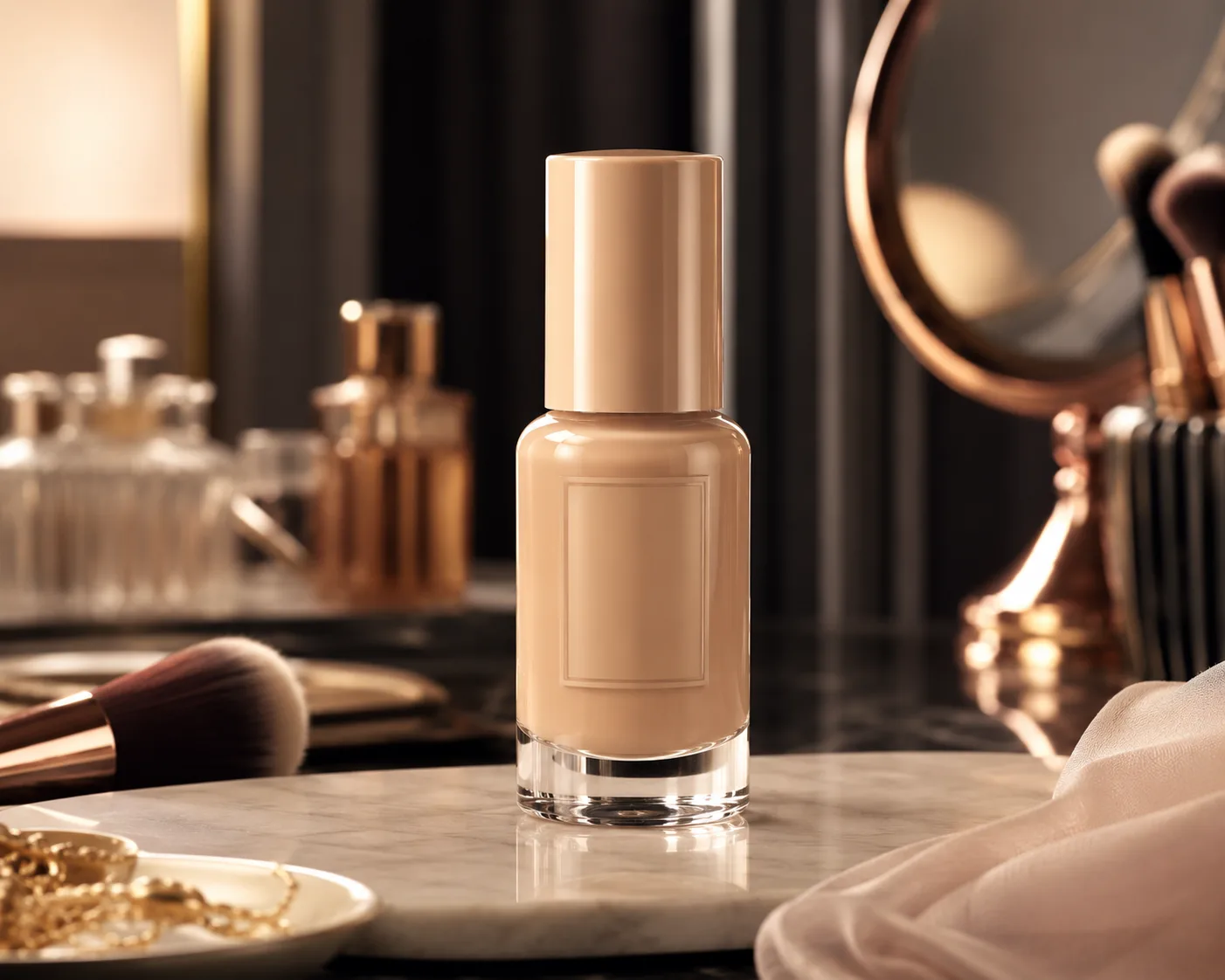 Glass Foundation Bottle in a cosmetic packaging display for liquid foundation and complexion products.