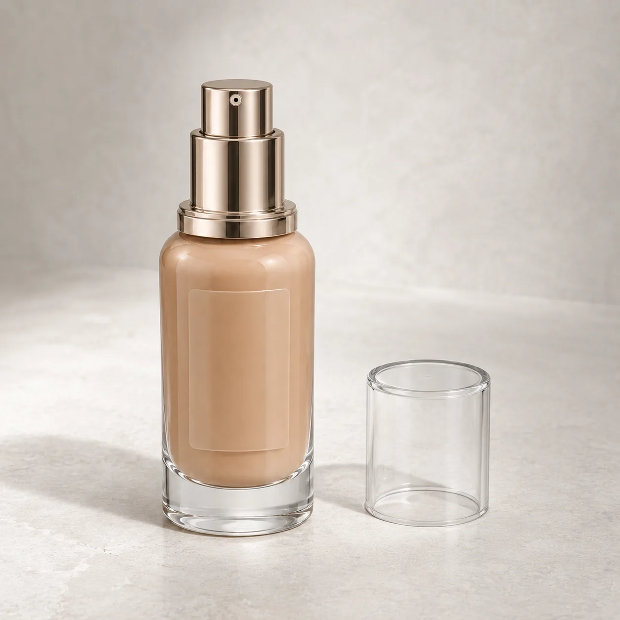 Angled side view of Glass Foundation Bottle showing the outer profile