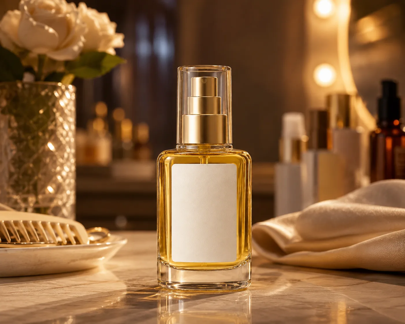 Glass Hair Serum Bottle in a cosmetic packaging display for hair serums and treatment oils.