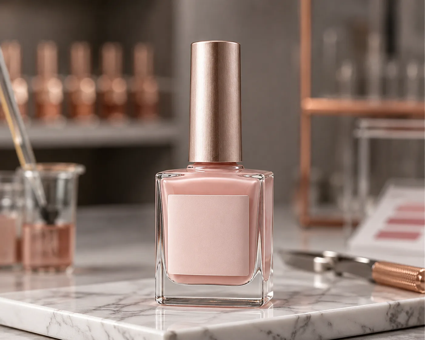 Glass Nail Polish Bottle in a coordinated skincare packaging presentation.
