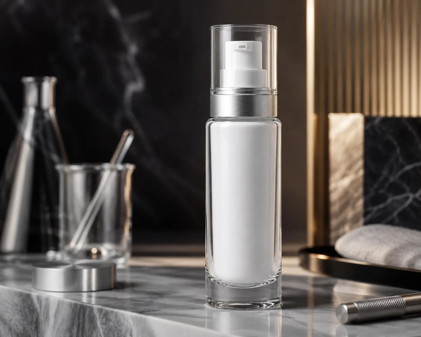 Glass Skincare Bottle in a coordinated skincare packaging presentation.