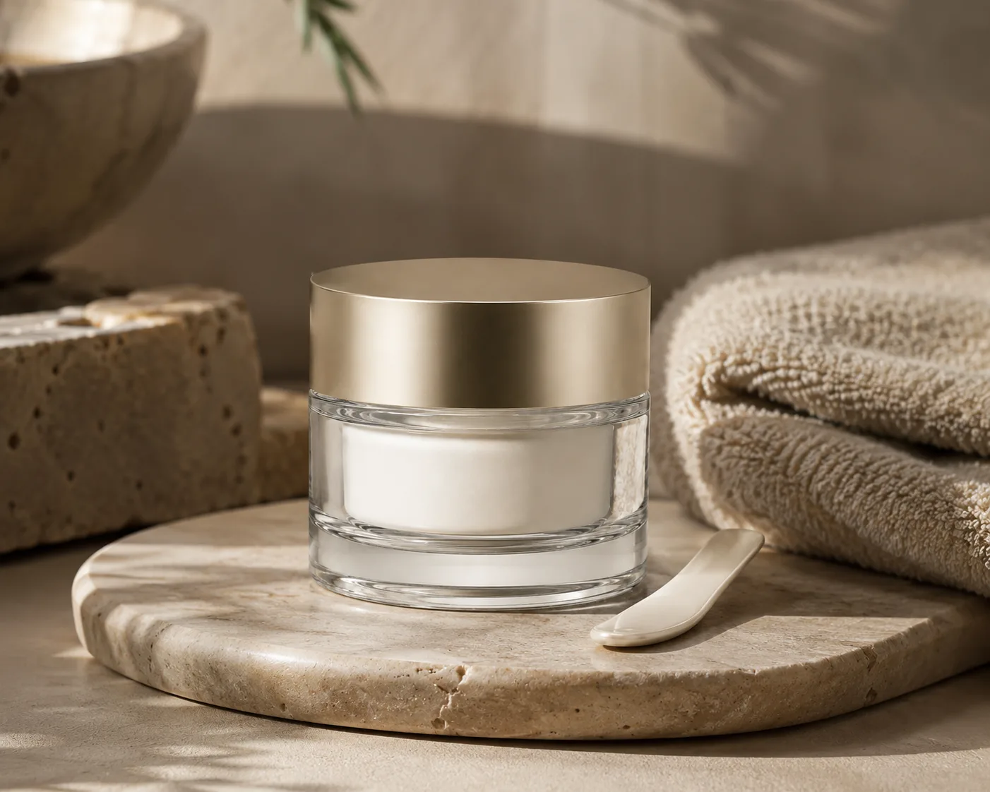 Glass Spatula Cream Jar in a cosmetic packaging display for creams and treatment balms.