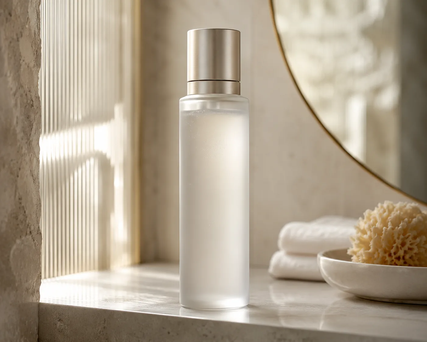 Glass Toner Bottle in a cosmetic packaging display for toners and essences.
