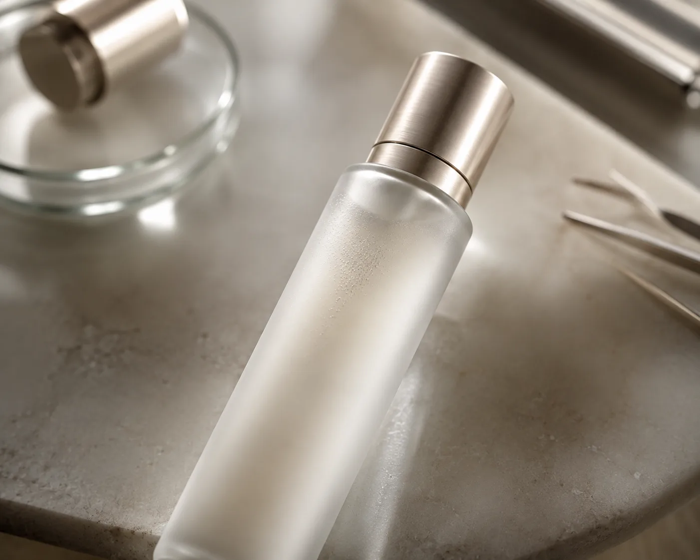 Glass Toner Bottle in a coordinated skincare packaging presentation.