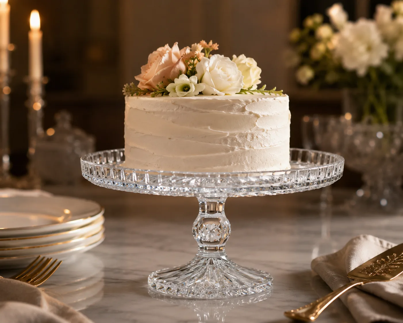 Cut Glass Cake Stand in a tabletop presentation for cakes and pastries.