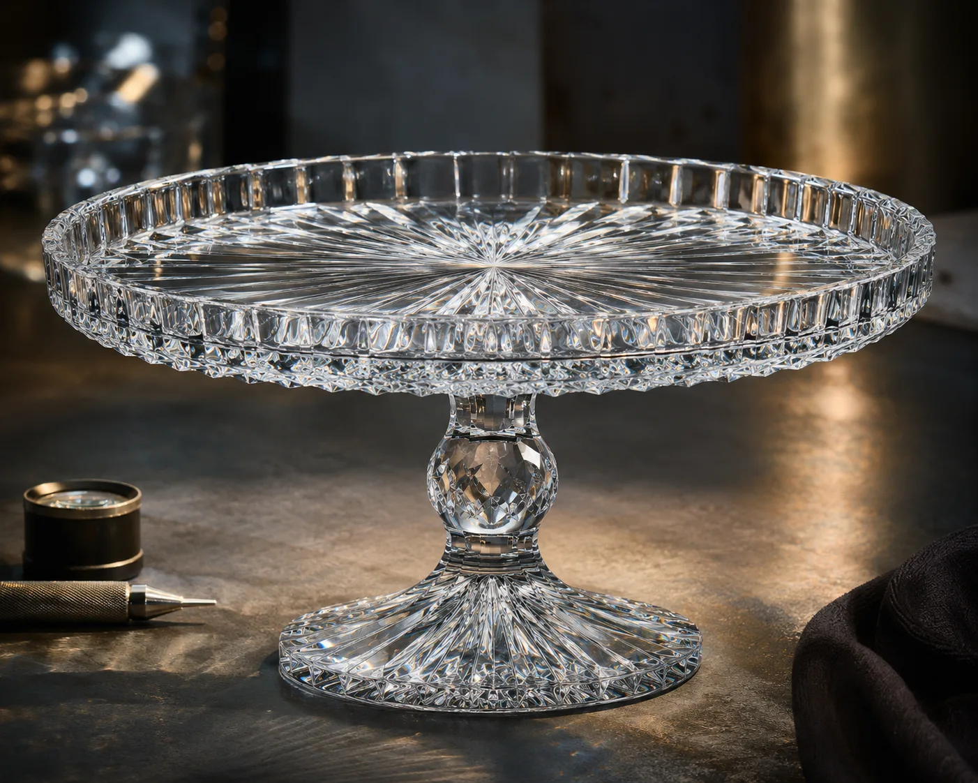 Cut Glass Cake Stand in a hospitality or decorative display setting.