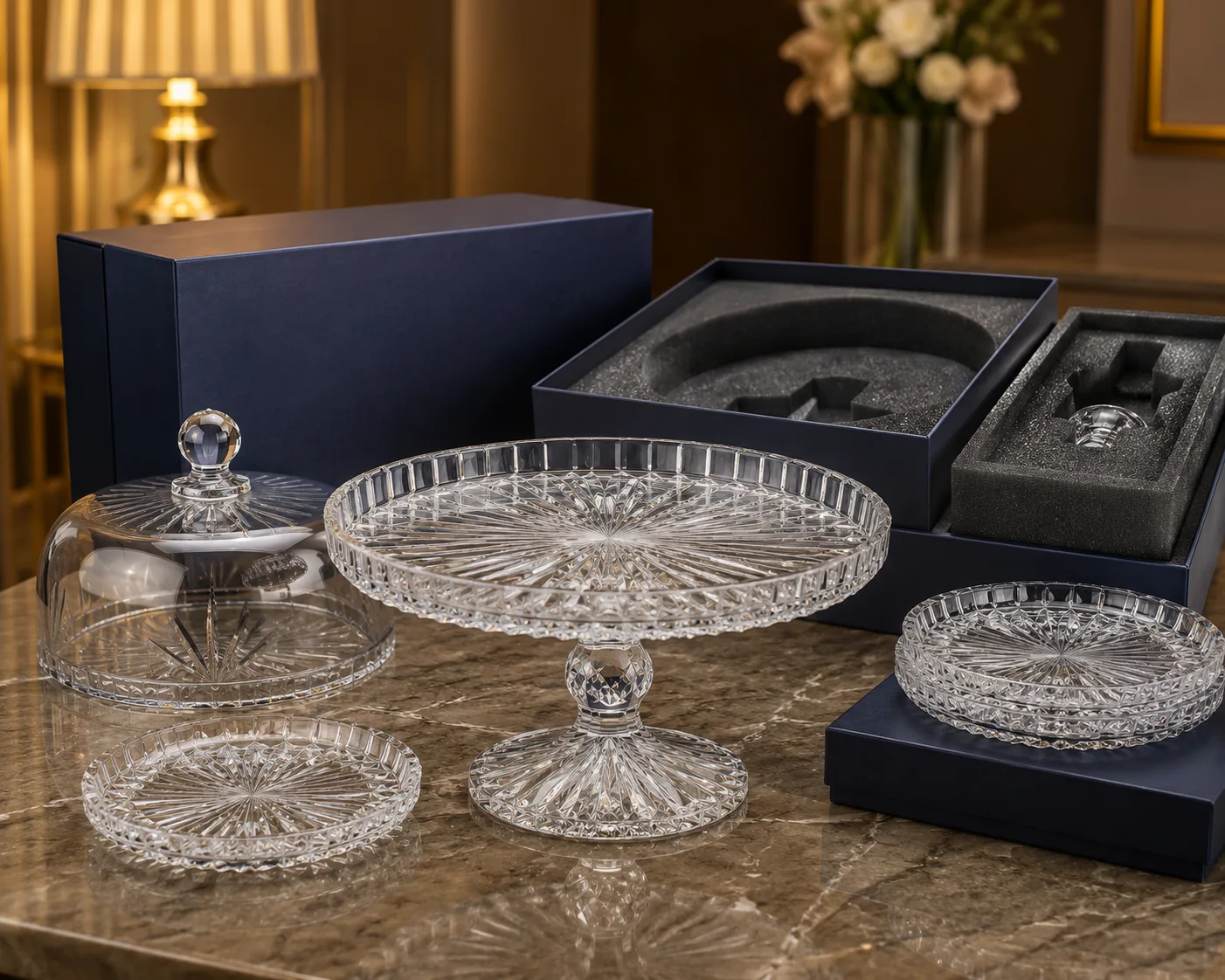 Close-up of Cut Glass Cake Stand showing the rim, base and faceted detail.