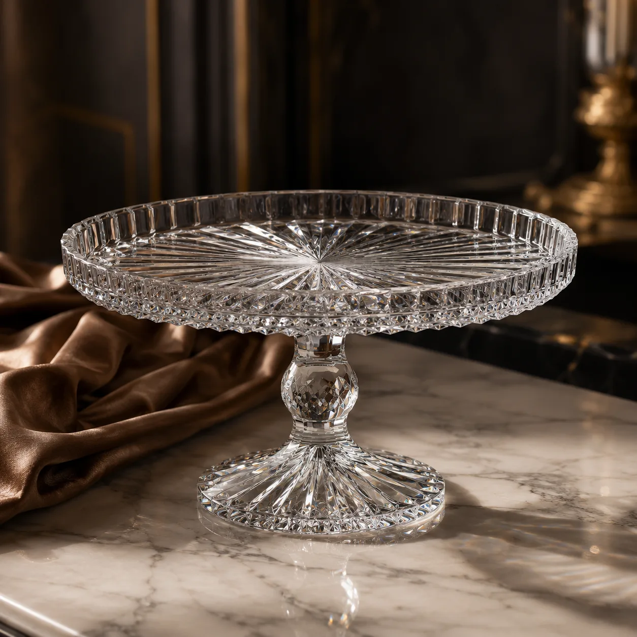 Detail view of Cut Glass Cake Stand showing rim or base detail