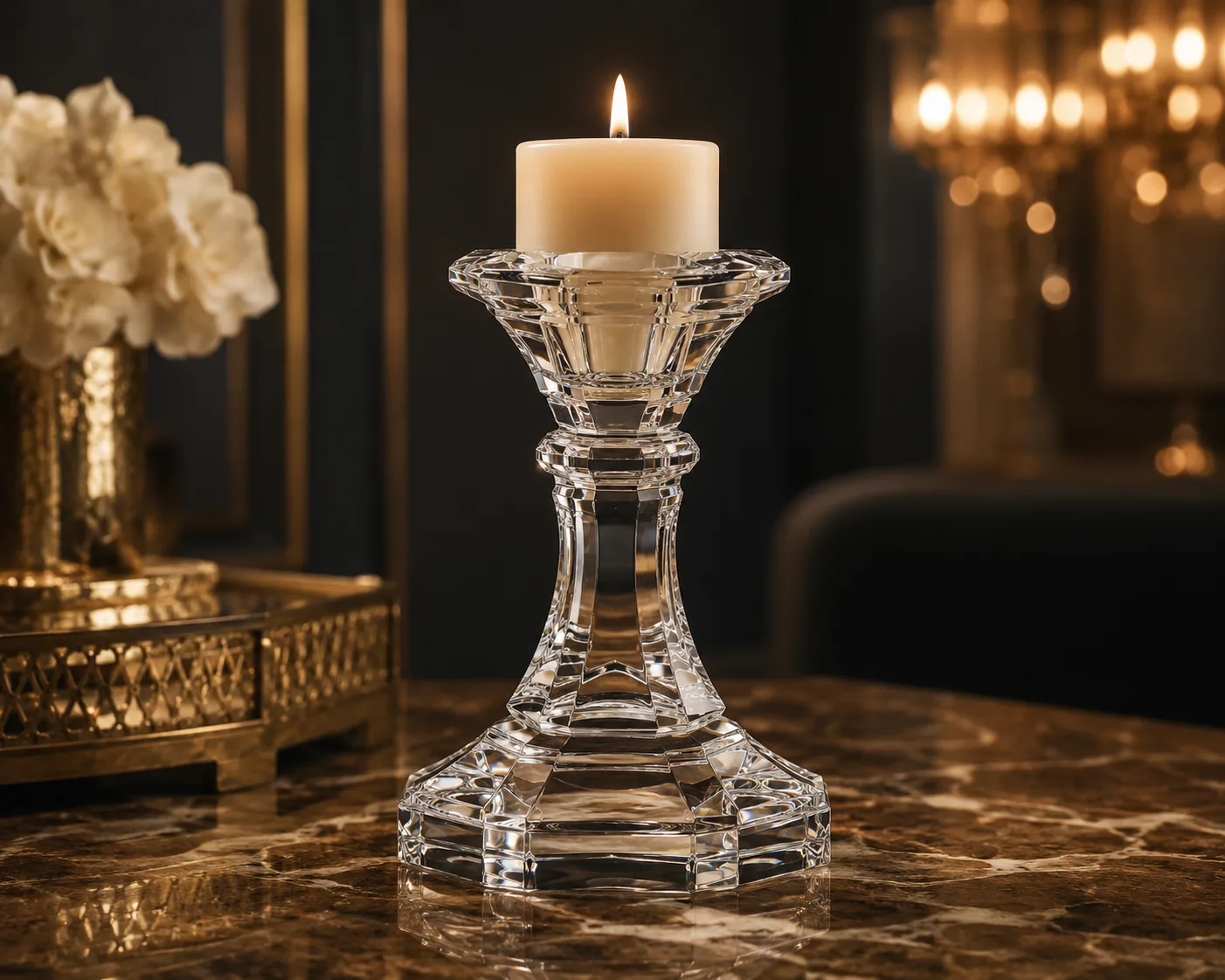 Geschliffener Glas-Teelichthalter in einer Tischpräsentation für Teelichter und kleine Kerzen.