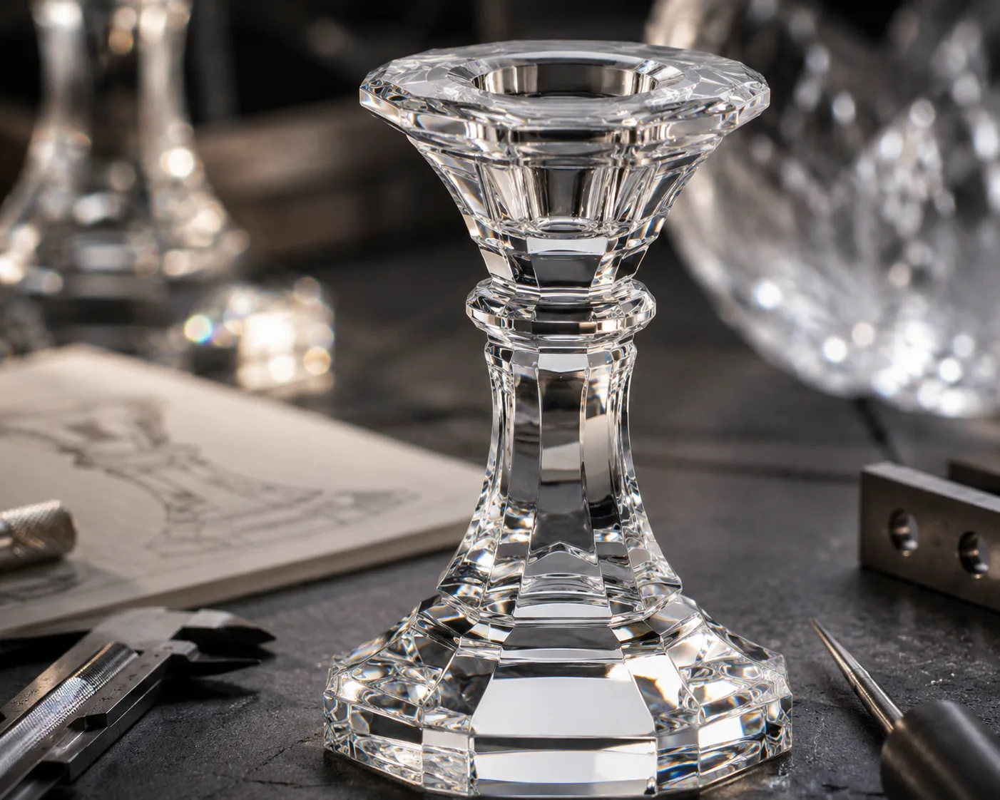 Geschliffener Glas-Teelichthalter in einem gastronomischen oder dekorativen Präsentationsumfeld.
