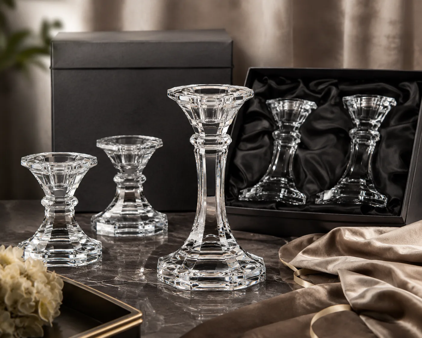 Nahaufnahme des geschliffenen Glas-Teelichthalters mit Rand, Sockel und facettiertem Detail.