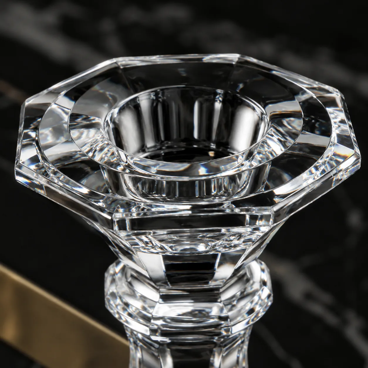 Close view of Cut Glass Candle Holder showing base detail and faceted surface detail