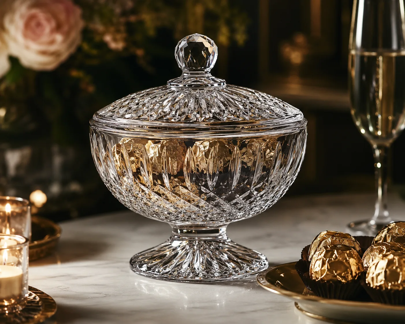 Cut Glass Candy Dish in a tabletop presentation for candy and confectionery.