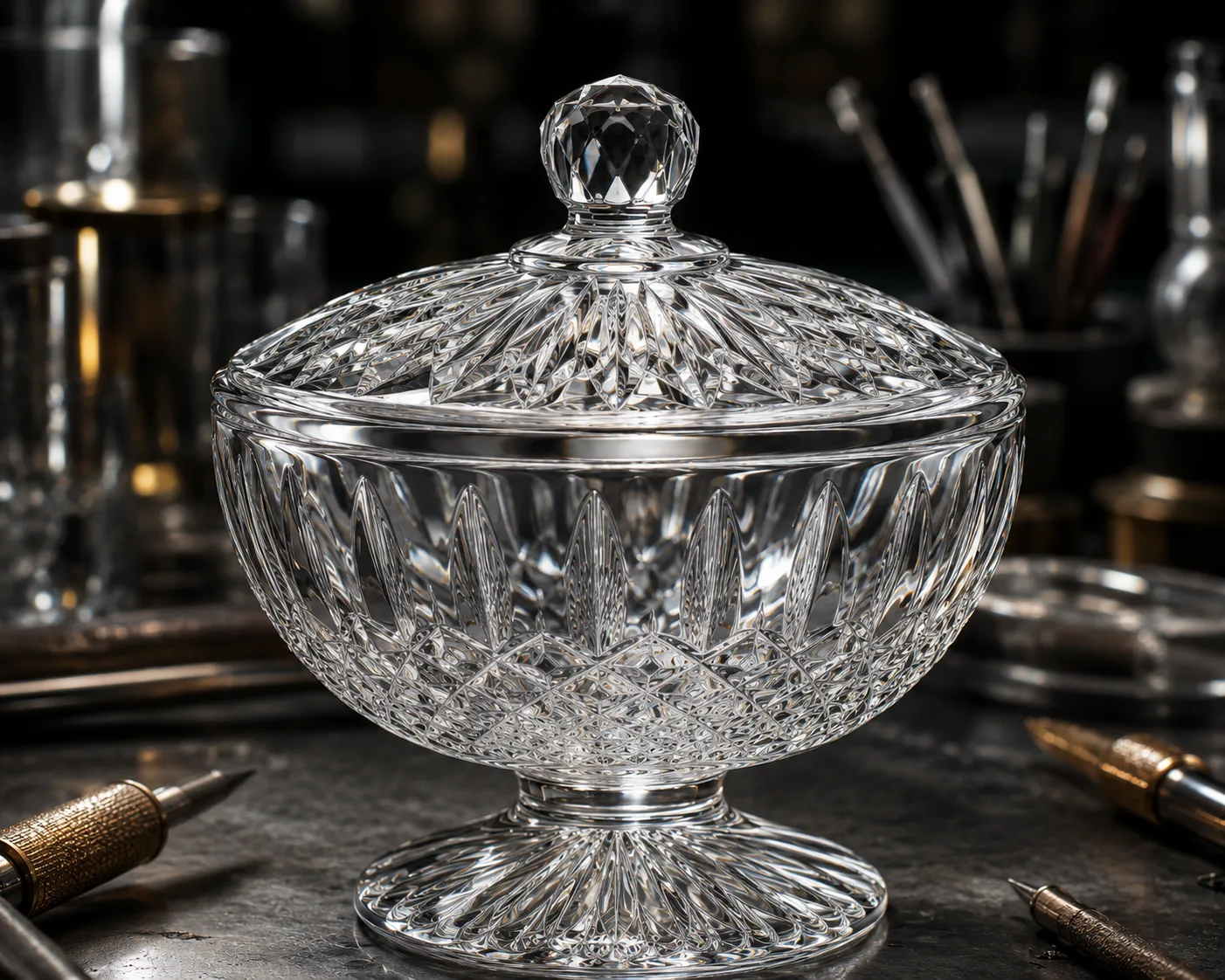 Cut Glass Candy Dish in a hospitality or decorative display setting.