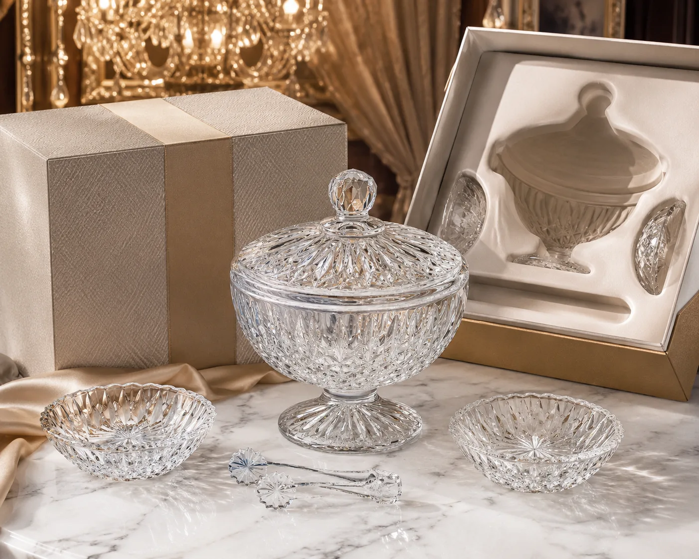 Close-up of Cut Glass Candy Dish showing the rim, base and faceted detail.