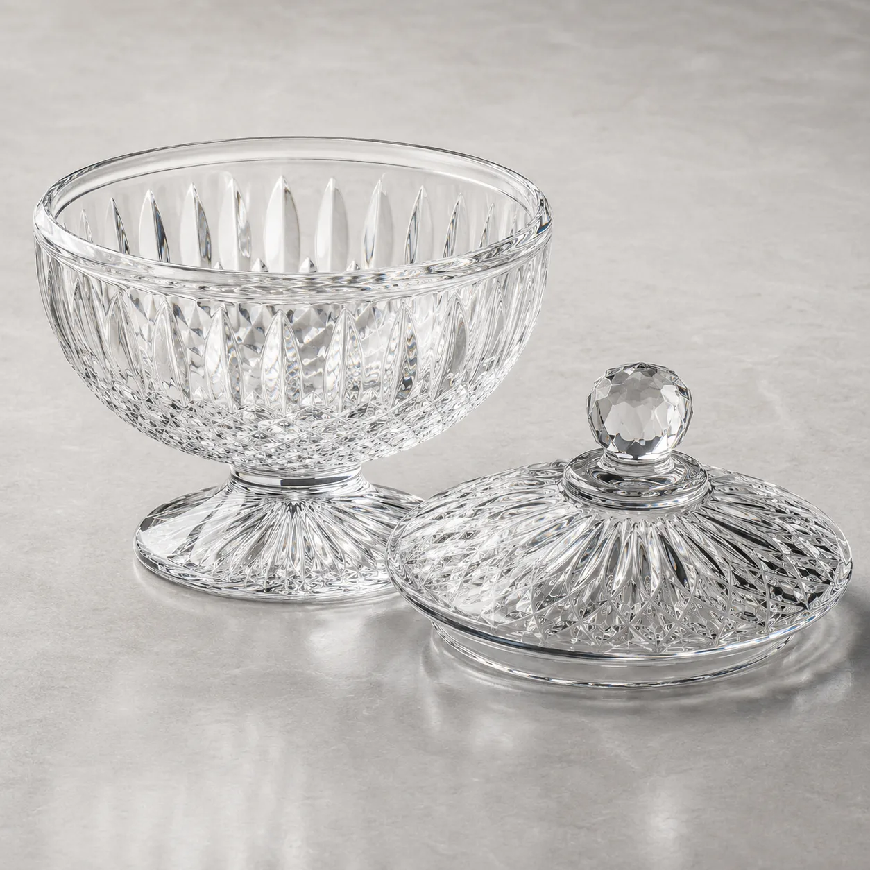Angled side view of Cut Glass Candy Dish showing the outer profile