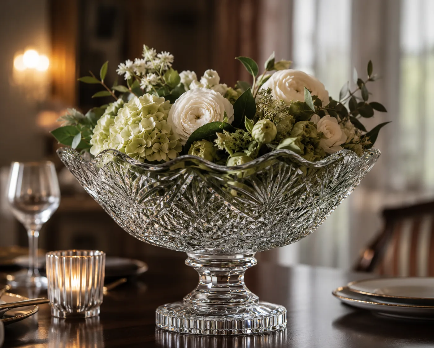 Cut Glass Centerpiece Bowl in a tabletop presentation for fruit and desserts.