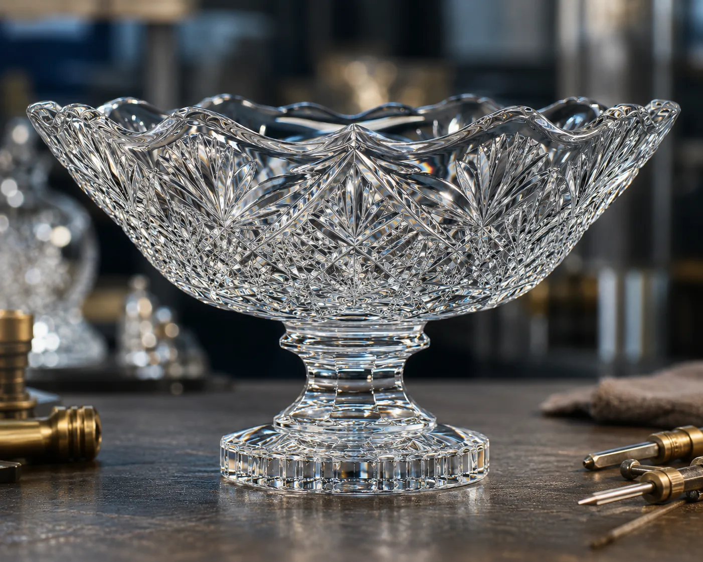 Cut Glass Centerpiece Bowl in a hospitality or decorative display setting.