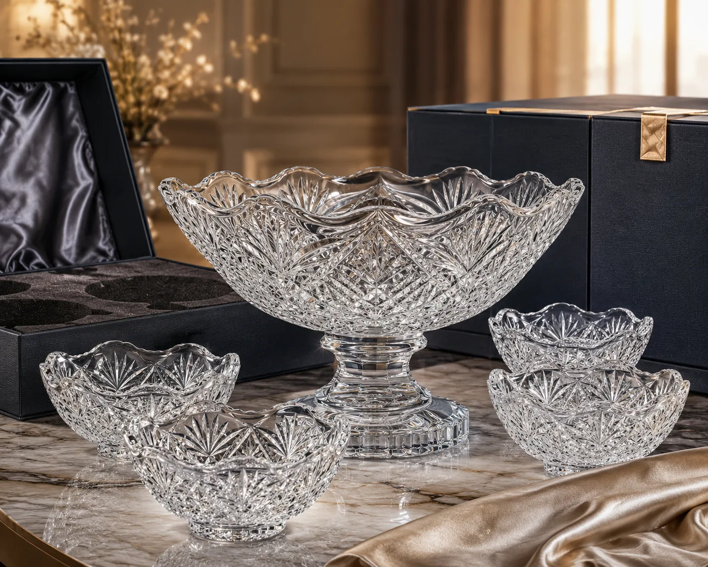 Close-up of Cut Glass Centerpiece Bowl showing the rim, base and faceted detail.