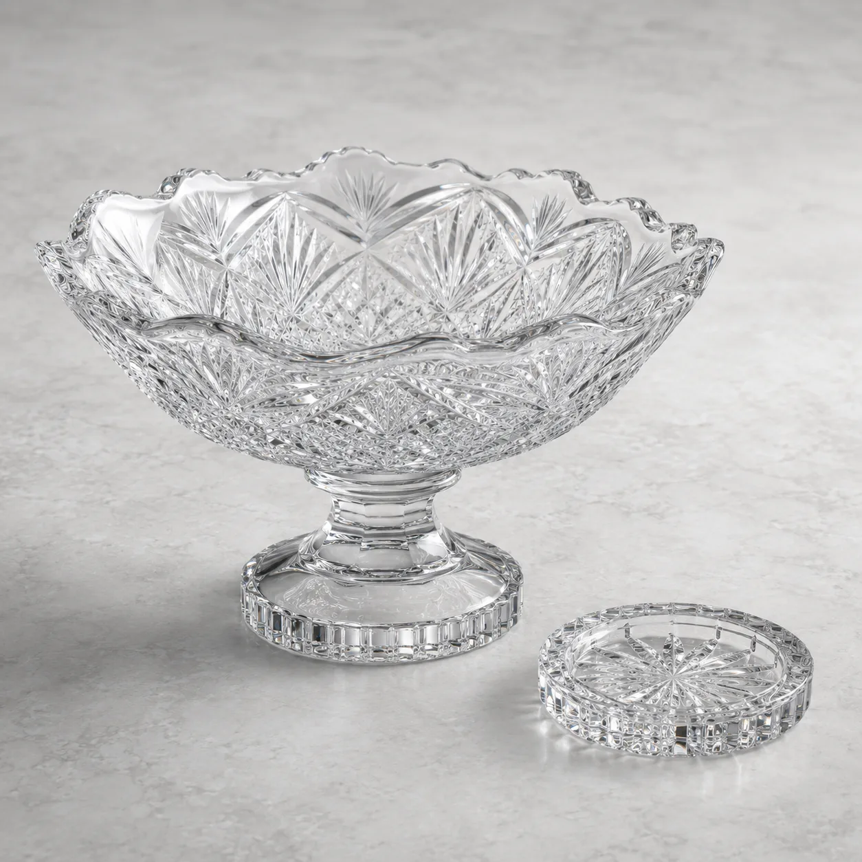 Angled side view of Cut Glass Centerpiece Bowl showing the outer profile