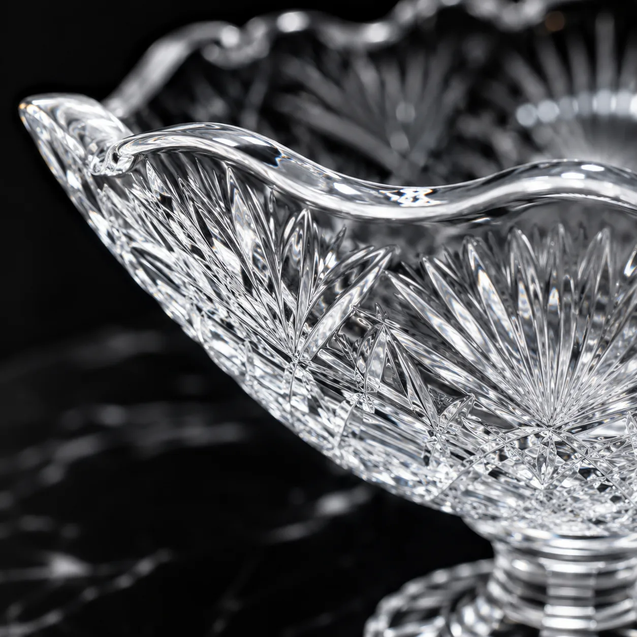 Close view of Cut Glass Centerpiece Bowl showing base detail and faceted surface detail