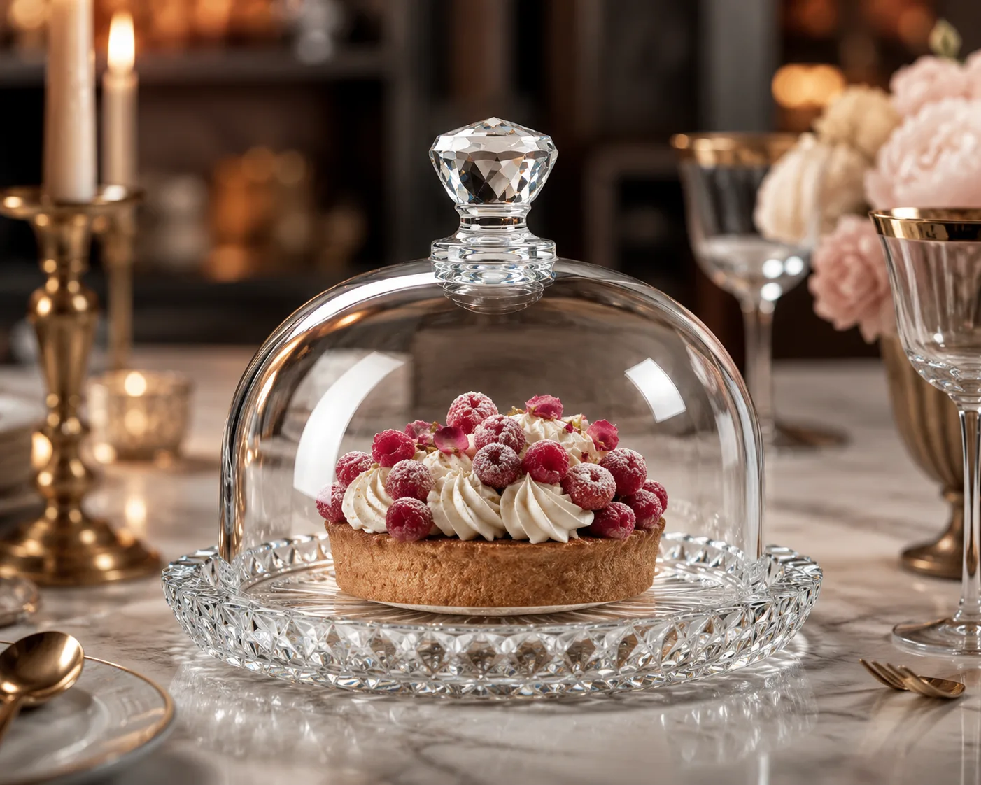 Cut Glass Cloche in a tabletop presentation for covered dessert and display.