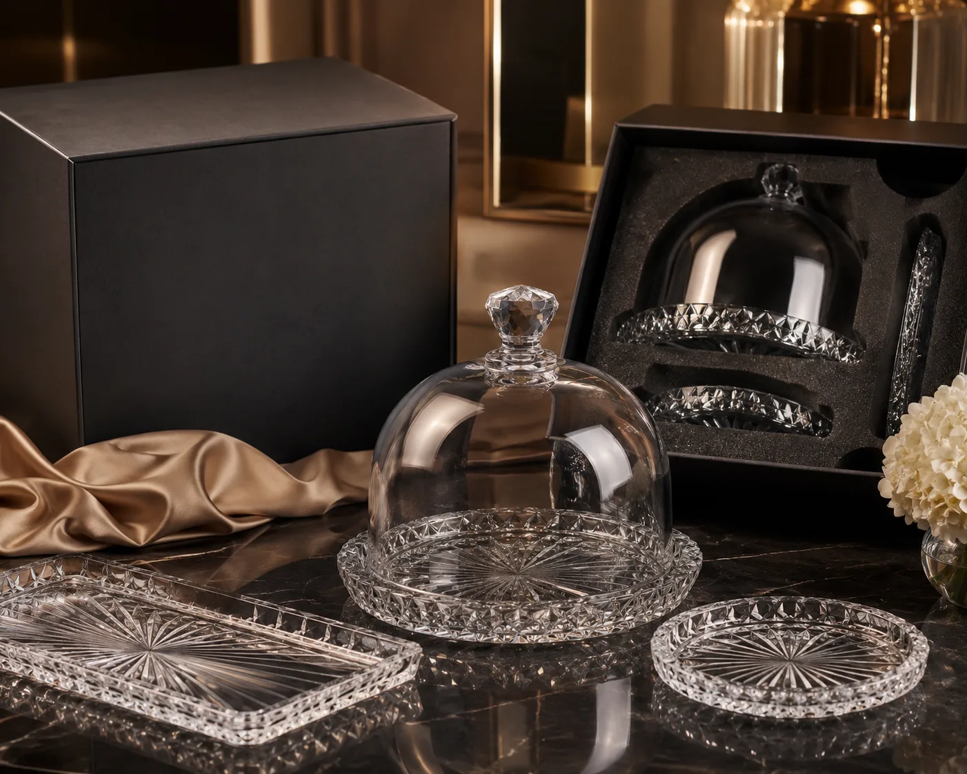 Close-up of Cut Glass Cloche showing the rim, base and faceted detail.