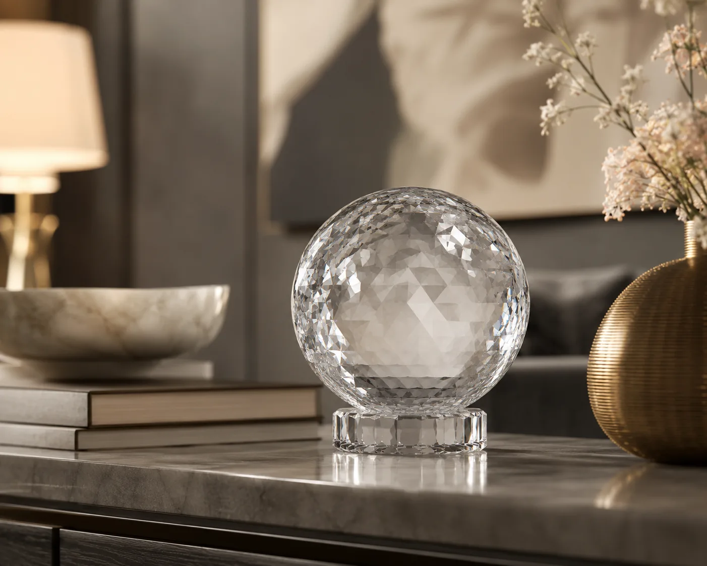 Cut Glass Decorative Orb in a tabletop presentation for decorative tabletop and interior display.