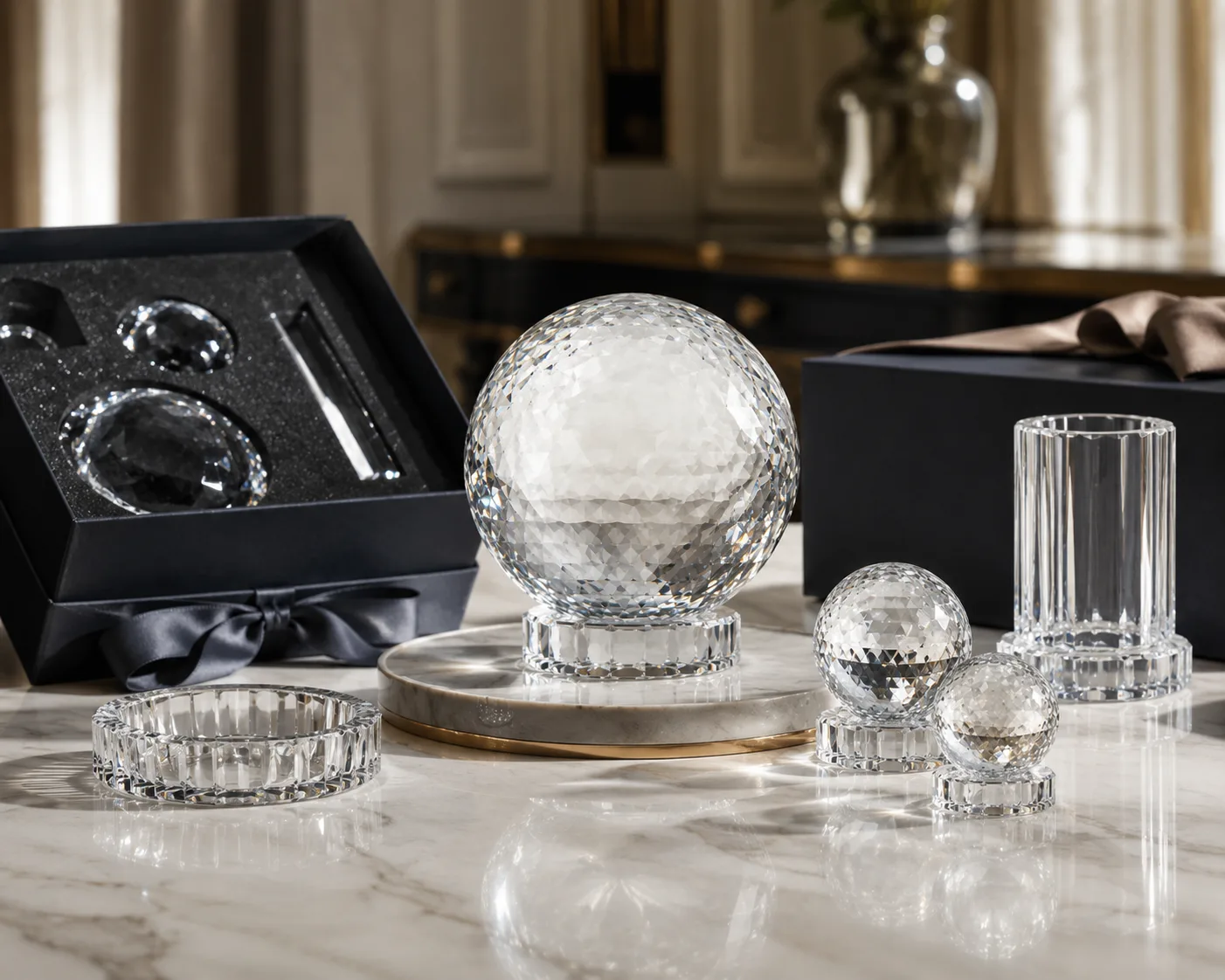 Close-up of Cut Glass Decorative Orb showing the rim, base and faceted detail.