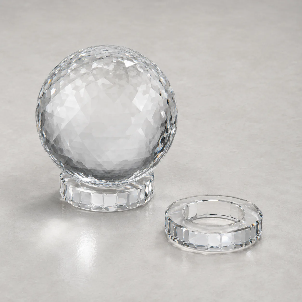 Angled side view of Cut Glass Decorative Orb showing the outer profile