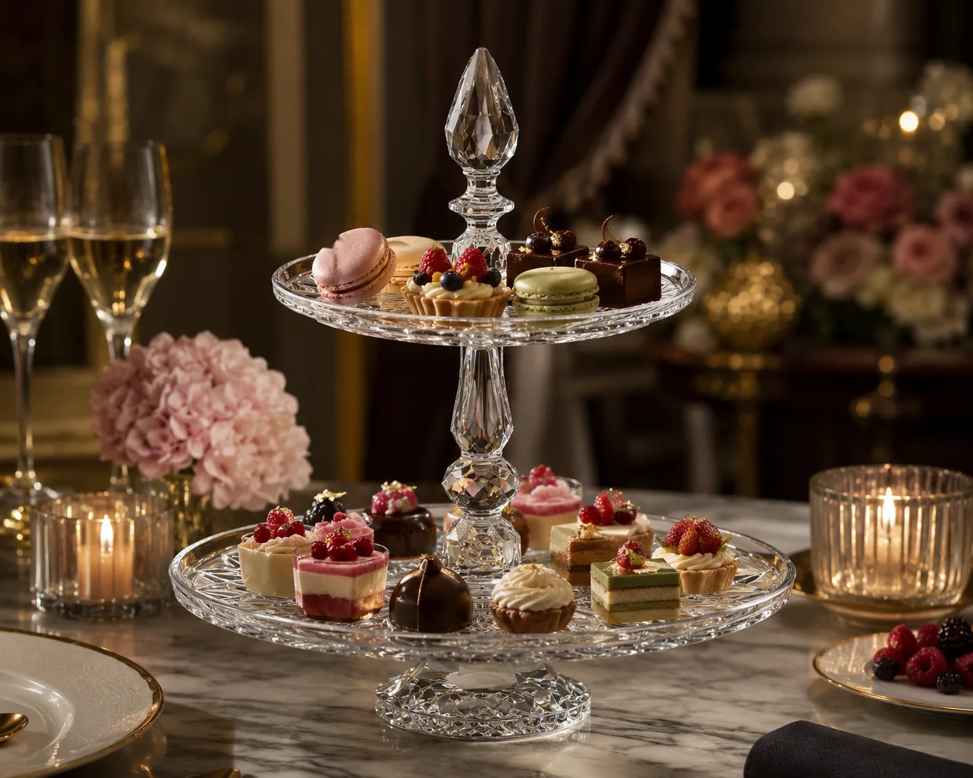 Cut Glass Dessert Stand in a tabletop presentation for pastries and desserts.