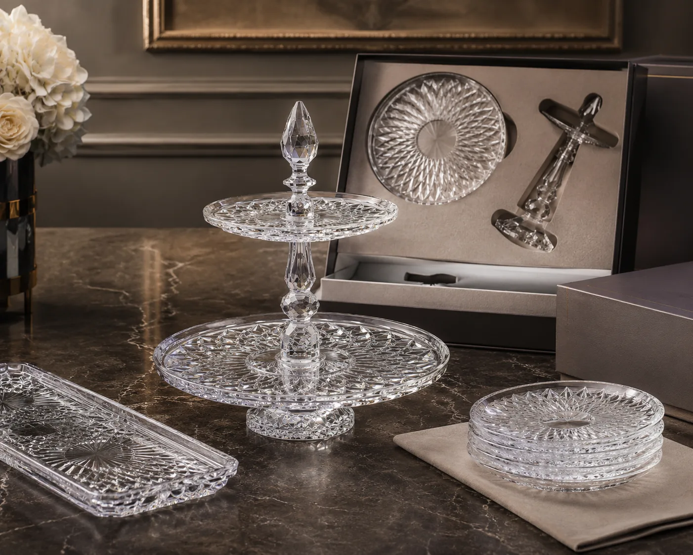Close-up of Cut Glass Dessert Stand showing the rim, base and faceted detail.