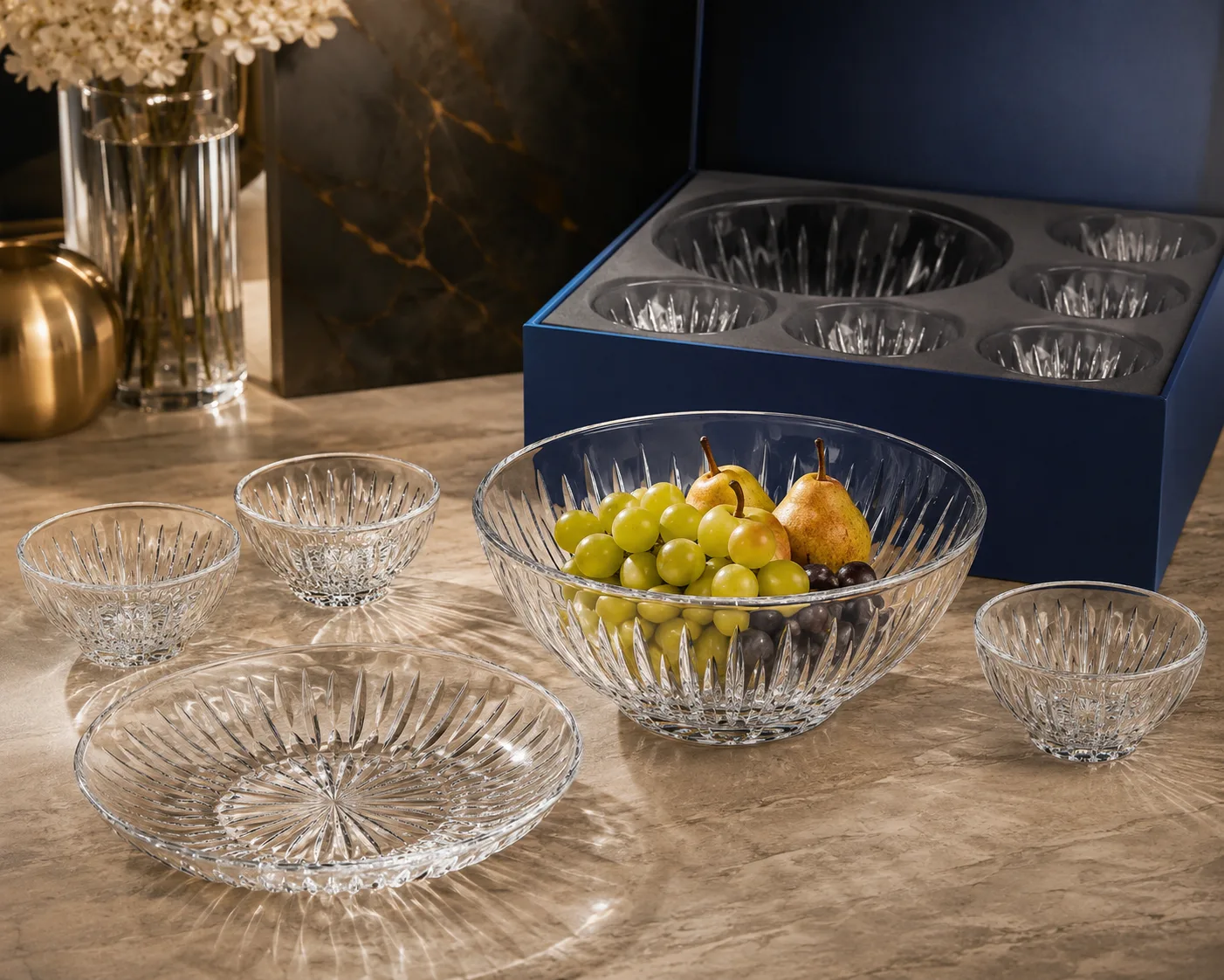 Close-up of Cut Glass Fruit Bowl showing the rim, base and faceted detail.
