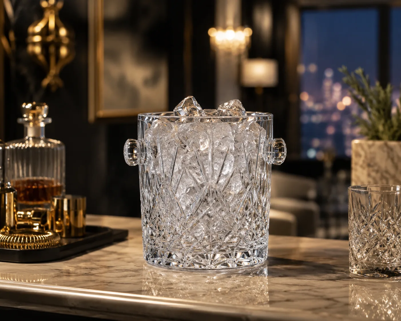 Cut Glass Ice Bucket in a tabletop presentation for ice service and chilled beverage presentation.