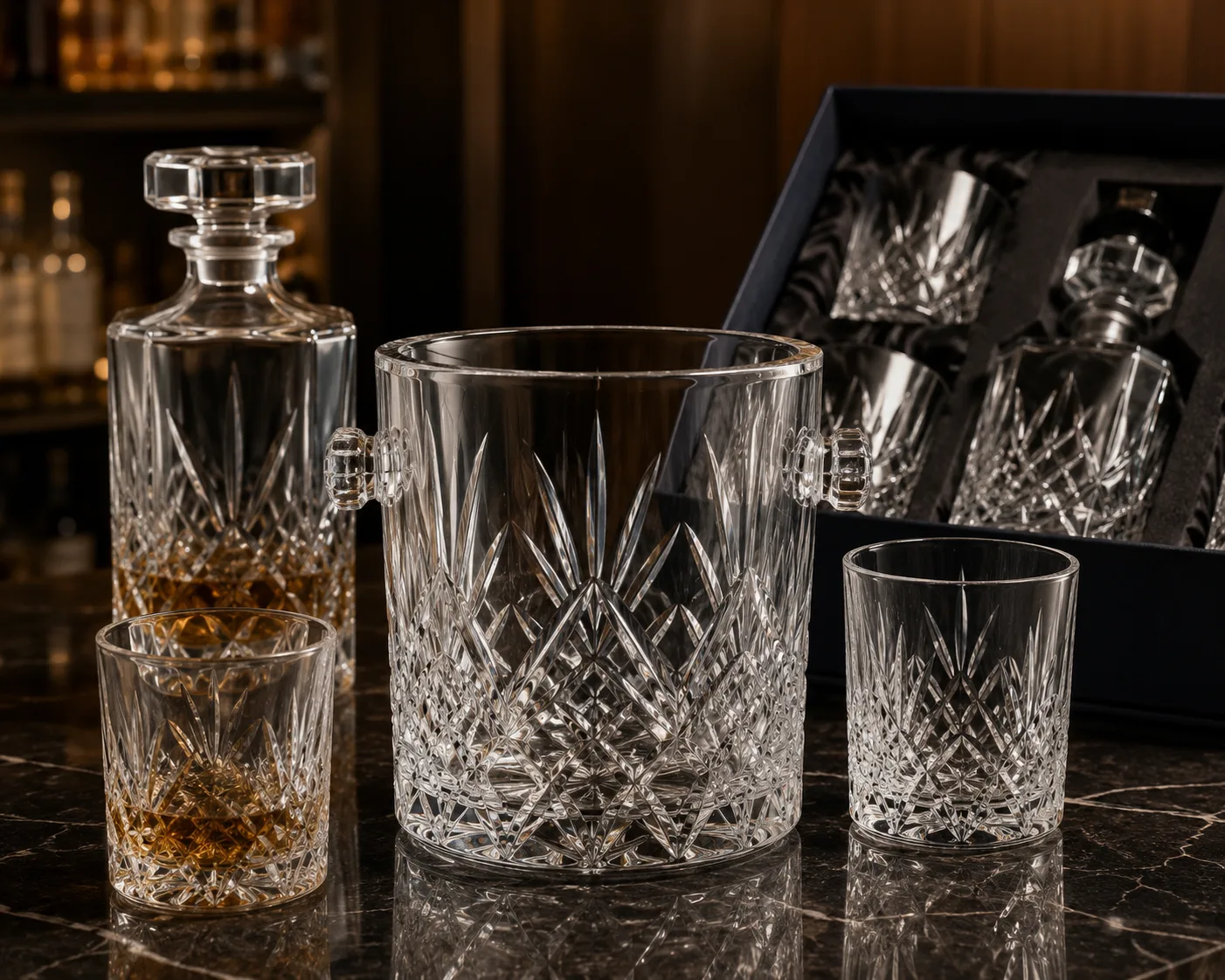 Close-up of Cut Glass Ice Bucket showing the rim, base and faceted detail.