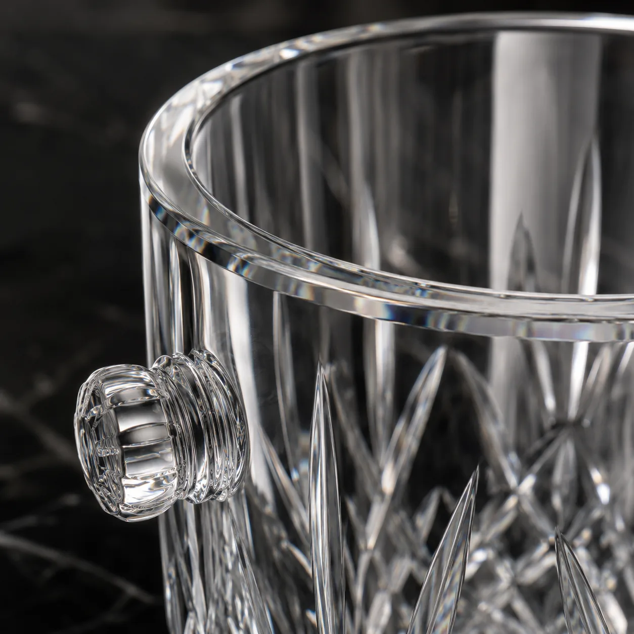 Close view of Cut Glass Ice Bucket showing base detail and faceted surface detail
