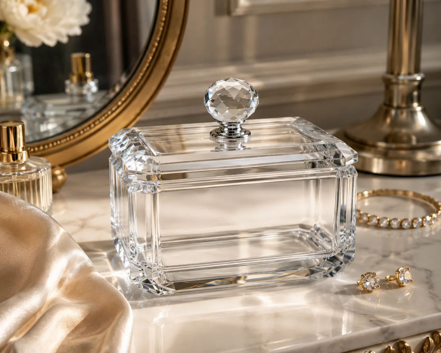 Cut Glass Jewelry Box in a tabletop presentation for jewelry storage and vanity display.